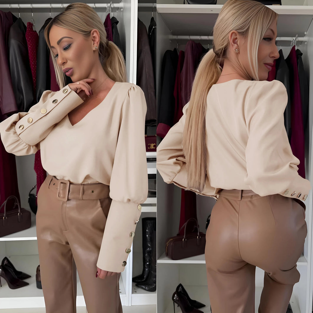 V-ringad blus med knappar på ärmarna Beige