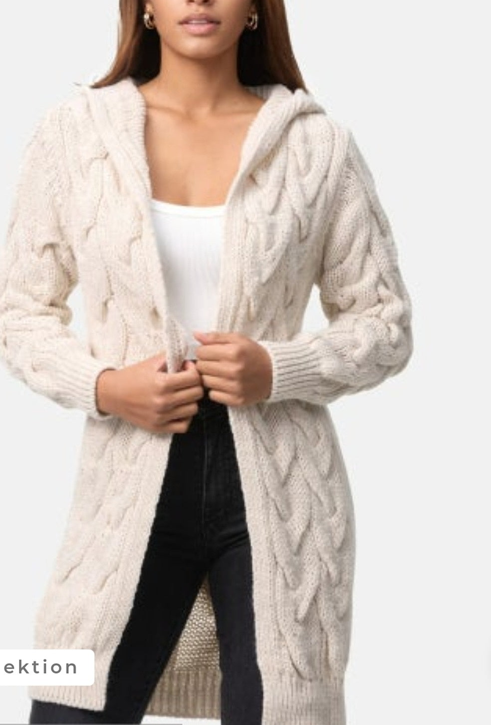 Finstickad Cardigan med luva Beige