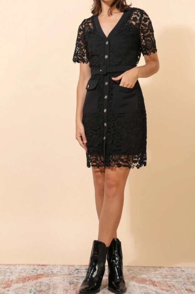 Belted lace dress Black